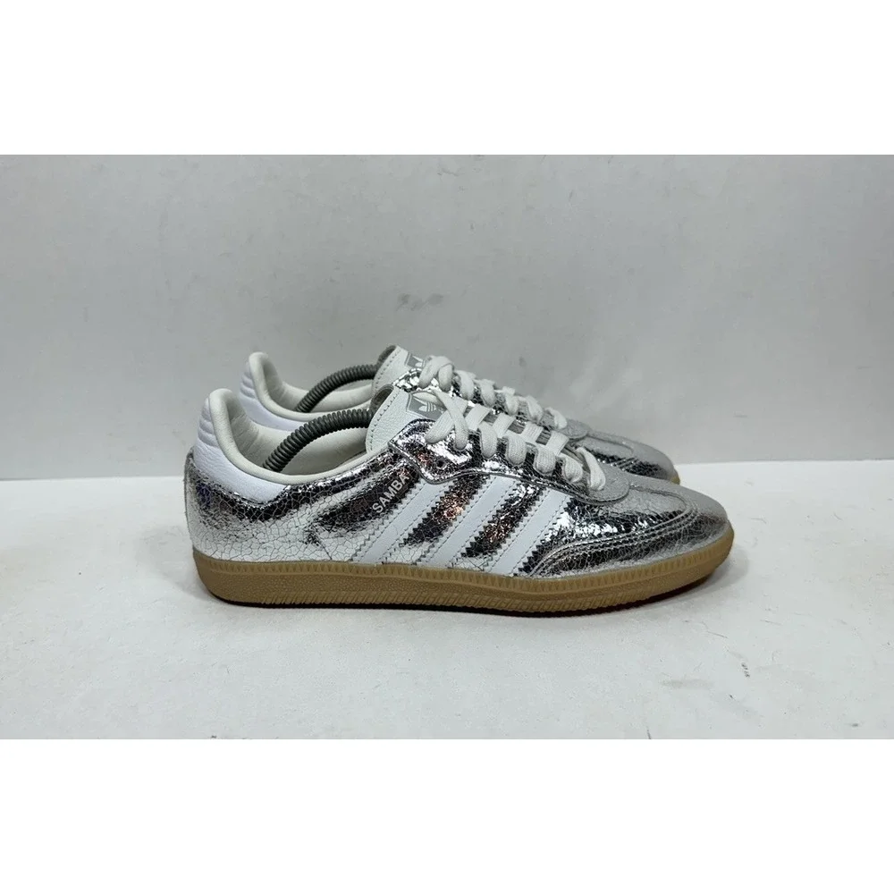 Adidas Samba OG Silver Metallic Cracked Leather JR0035 Women's Size 6